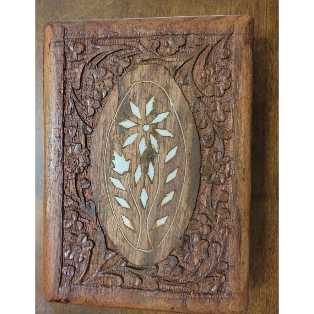 VTG PIER 1 IMPORTS HAND CARVED WOOD Jewelry Trinket Box Blue interior 5x7 Y2K